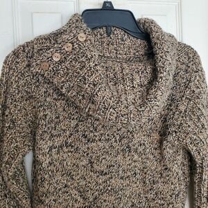 Vtg Silk Wool Blend Cowl Neck Sweater Brown Marled Cable Knit Button Shoulder Sm